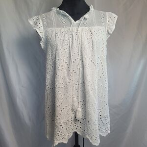 Valentina Naldi White Prairie Paisley Eyelet Cap Sleeve Tunic Top Size Small